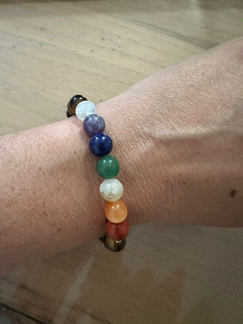 Bracelet 7 Chakras & Œil de Tigre – Pierres Naturelles – Bracelet Élastique Femme Homme