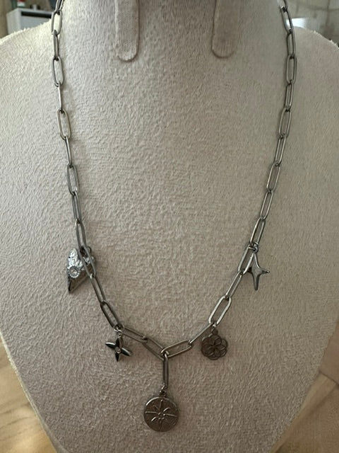 Collier Breloques Argenté – Acier Inoxydable – Maille Trombone