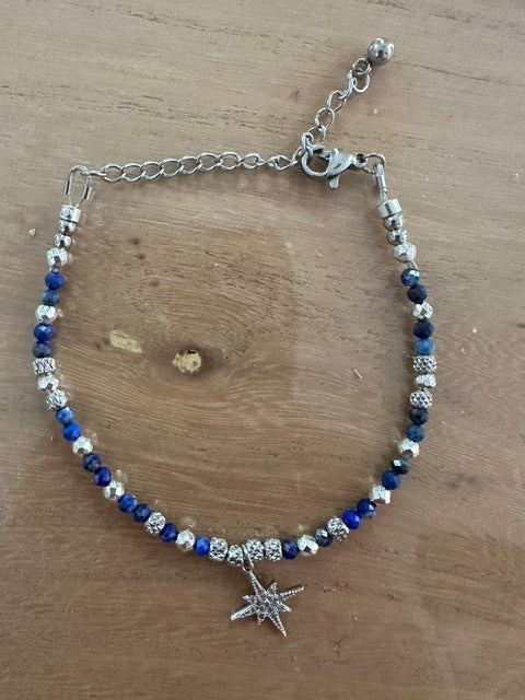 Bracelet lapis-lazuli naturel femme – Pierre naturelle facettée – Acier inoxydable argenté – Breloque étoile