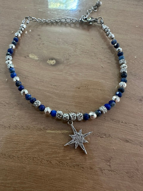 Bracelet lapis-lazuli naturel femme – Pierre naturelle facettée – Acier inoxydable argenté – Breloque étoile